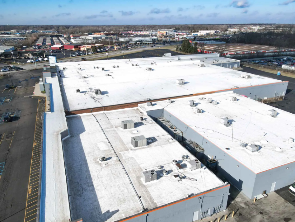 Aerial view of a recovered industrial building's roof