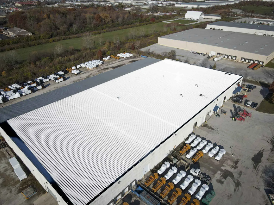 Aerial view of a logistics plant roof restoration completed by Seamless Roofing in Lafayette, IN